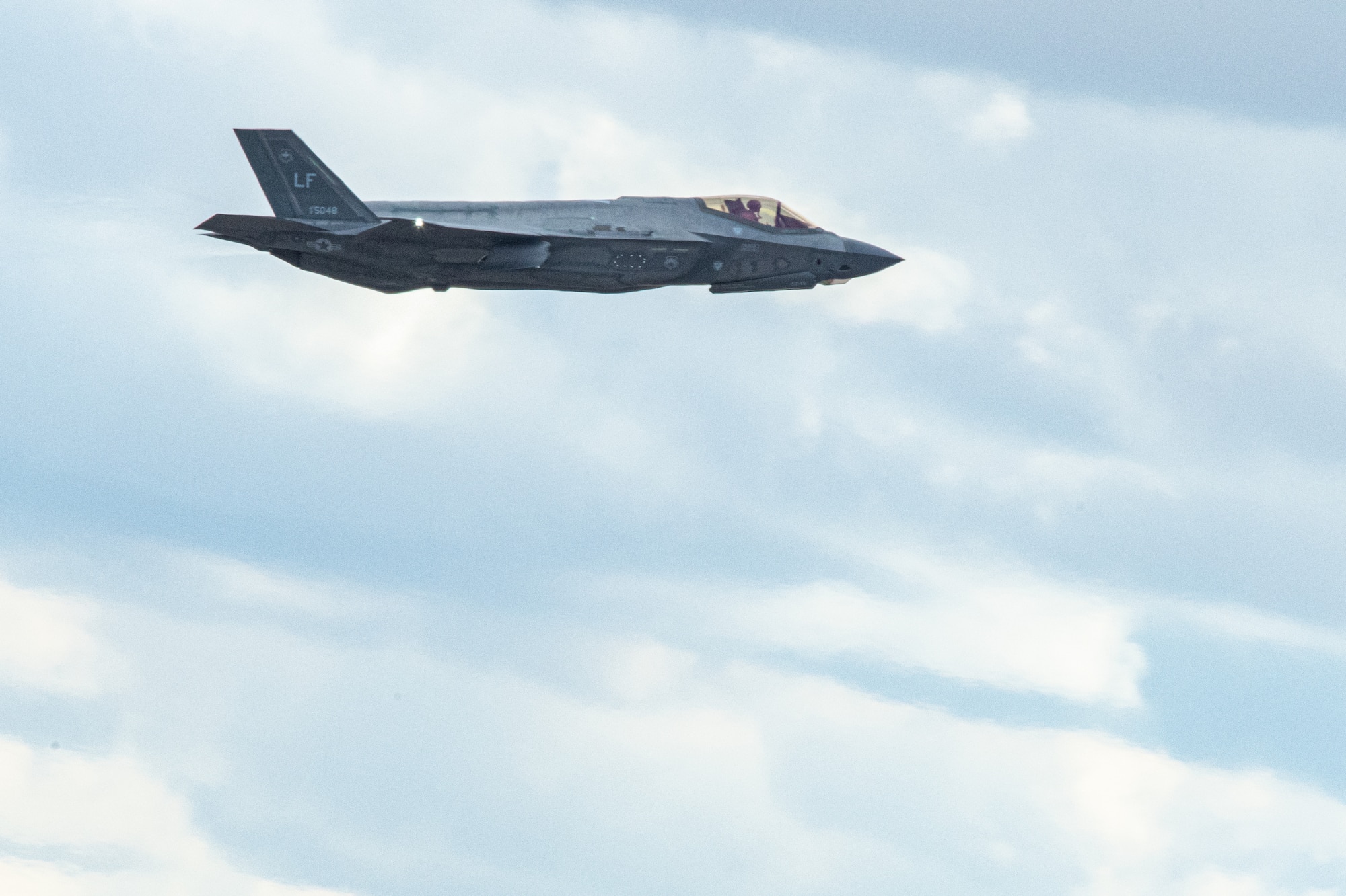 An F-35 Lightning II assigned to the 56th Fighter Wing soars over Luke Air Force Base, Arizona, Mar. 3, 2023.