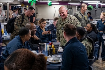 Chief of Naval Operations Adm. Mike Gilday meets with Sailors aboard USS George Washington (CVN 73).