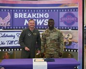 Col. Chris Cain, 5th Bomb Wing vice commander (left), and Col. Johnny Galbert, 91st Missile Wing vice commander, sign the 2023 Women’s History Month proclamation at Minot Air Force Base, North Dakota, March 6, 2023. “Women are essential to Team Minot and the Air Force,” said Cain. “We are paying attention to these pathmakers, and are very excited to recognize the contributions and sacrifices they make every day.” (U.S. Air Force photo by Senior Airman Caleb S. Kimmell)