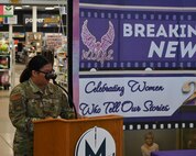 Staff Sgt. Jan Mariel Decosse, 372nd Training Squadron, Detachment 22 B-52H Stratofortress armament systems instructor and member of Women Inspiring the Next Generation (WINGS), greets Airmen at the 2023 Women’s History Month opening ceremony and proclamation signing at Minot Air Force Base, North Dakota, March 6, 2023. WINGS is a non-profit, private organization that is meant to inspire and advocate for the next generation of Airmen - men, women, and their support systems. (U.S. Air Force photo by Senior Airman Caleb S. Kimmell)