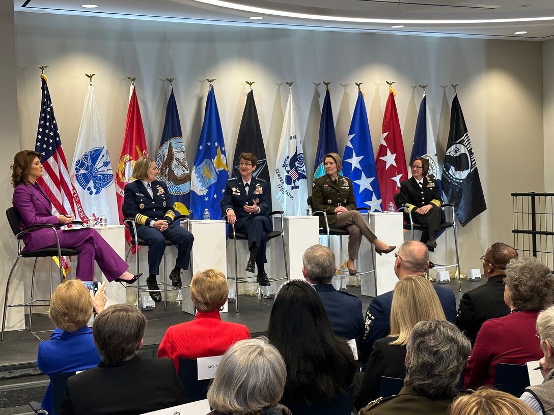 Left to right: U.S. Coast Guard Adm. Linda Fagan, Coast Guard commandant, U.S. Air Force Gen. Jacqueline Van Ovost, U.S. Transportation Command commander, U.S. Army Gen. Laura Richardson, U.S. Southern Command commander, and U.S. Navy Adm. Lisa Franchetti, vice chief of Naval Operations, answer audience questions during a Women's History Month panel discussion at the Military Women's Memorial in Arlington National Cemetery, Arlington, Va., March 6, 2023
