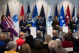 Left to right: Norah O'Donnell, CBS evening news anchor and moderator, U.S. Coast Guard Adm. Linda Fagan, Coast Guard commandant, U.S. Air Force Gen. Jacqueline Van Ovost, U.S. Transportation Command commander, U.S. Army Gen. Laura Richardson, U.S. Southern Command commander, and U.S. Navy Adm. Lisa Franchetti, vice chief of Naval Operations, hold a Women's History Month panel discussion at the Military Women's Memorial in Arlington National Cemetery, Arlington, Va., March 6, 2023.