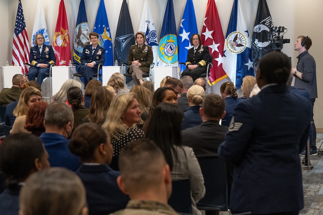 Left to right: U.S. Coast Guard Adm. Linda Fagan, Coast Guard commandant, U.S. Air Force Gen. Jacqueline Van Ovost, U.S. Transportation Command commander, U.S. Army Gen. Laura Richardson, U.S. Southern Command commander, and U.S. Navy Adm. Lisa Franchetti, vice chief of Naval Operations, answer audience questions during a Women's History Month panel discussion at the Military Women's Memorial in Arlington National Cemetery, Arlington, Va., March 6, 2023.