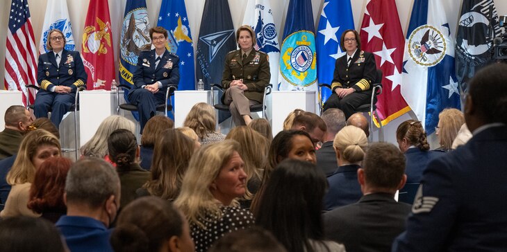 Left to right: U.S. Coast Guard Adm. Linda Fagan, Coast Guard commandant, U.S. Air Force Gen. Jacqueline Van Ovost, U.S. Transportation Command commander, U.S. Army Gen. Laura Richardson, U.S. Southern Command commander, and U.S. Navy Adm. Lisa Franchetti, vice chief of Naval Operations, answer audience questions during a Women's History Month panel discussion at the Military Women's Memorial in Arlington National Cemetery, Arlington, Va., March 6, 2023.