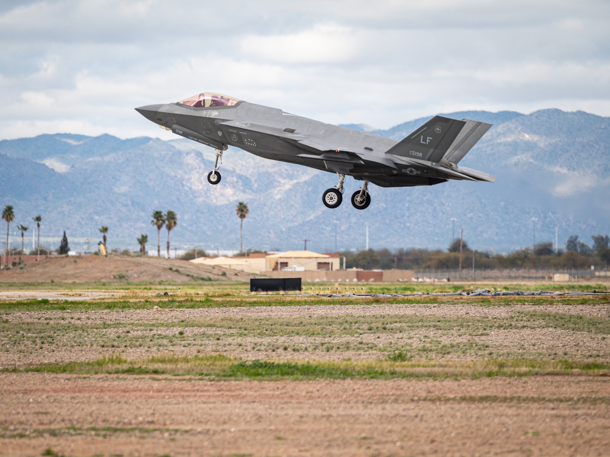 An F-35 Lightning II assigned to the 56th Fighter Wing lands at Luke Air Force Base, Arizona, Mar. 3, 2023.