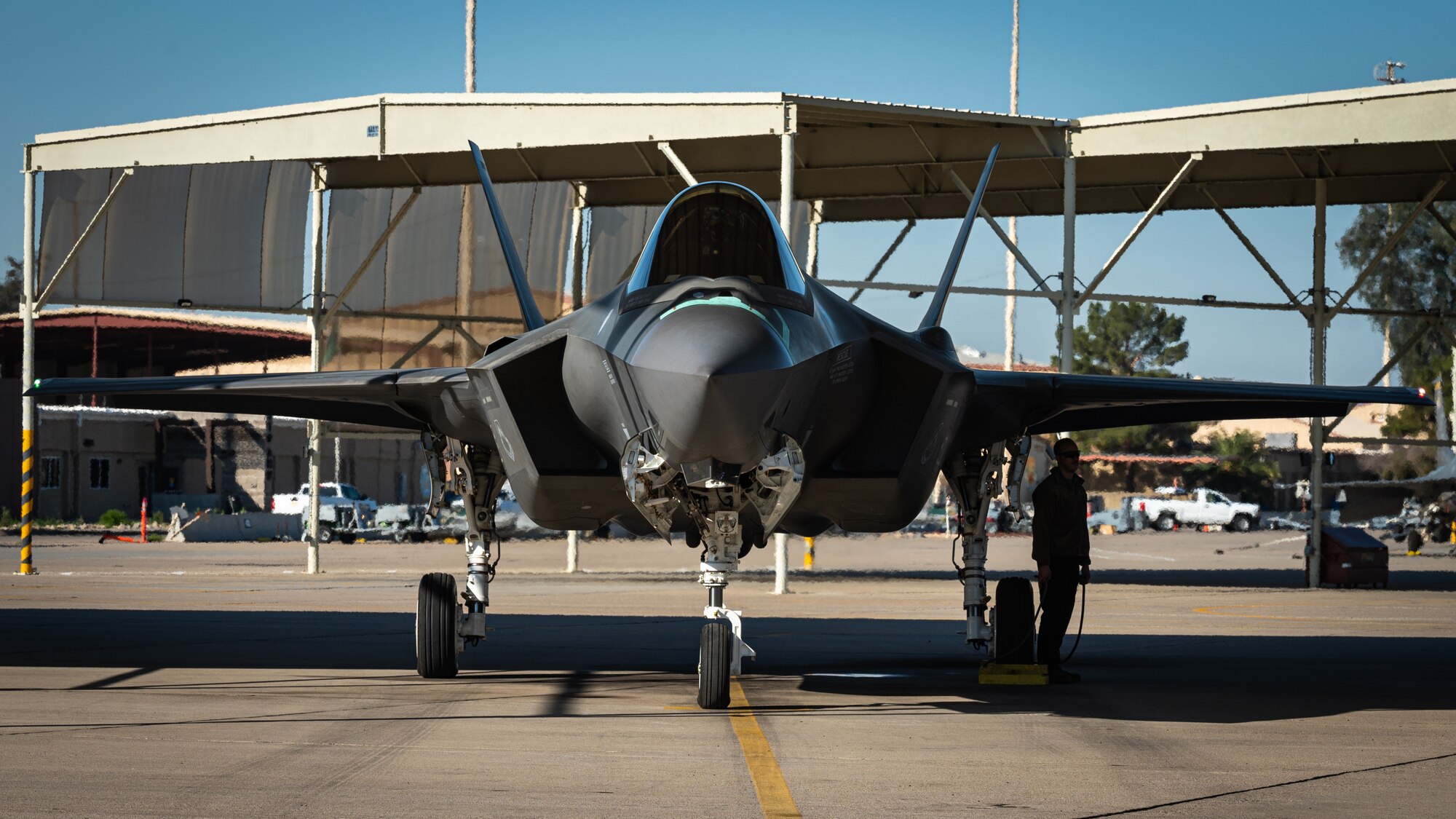 An F-35 Lightning II aircraft assigned to the 63rd Fighter Squadron sits on the flightline prior to takeoff, Mar. 3, 2023, at Luke Air Force Base, Arizona.