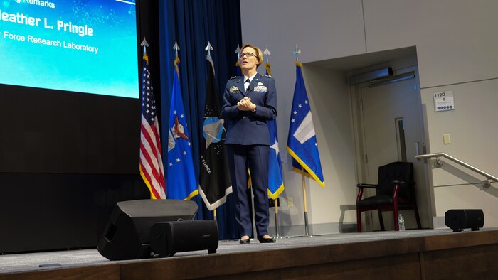 Maj. Gen. Heather Pringle, Air Force Research Laboratory, or AFRL, commander gives opening remarks at the 2022 AFRL Annual Awards Ceremony at the Air Force Institute of Technology's Kenney Hall at Wright-Patterson Air Force Base, Ohio, March 2, 2023. The ceremony recognized the accomplishments of AFRL personnel over the previous year. (U.S. Air Force photo / Keith Lewis)