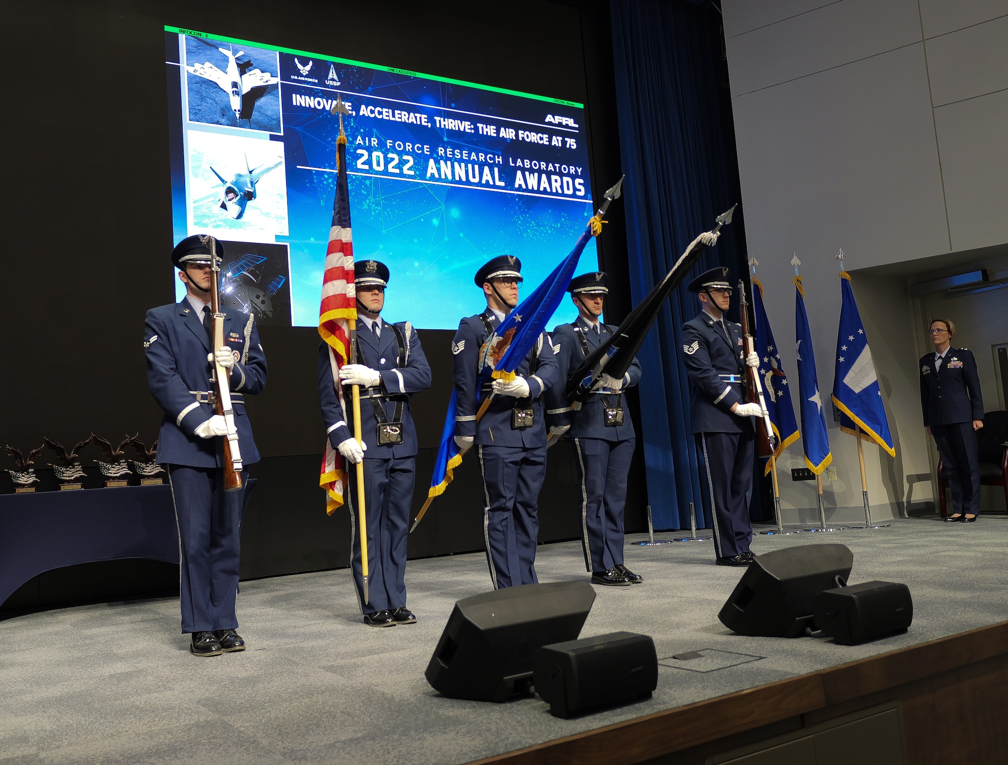 The Wright-Patterson Honor Guard performs at the 2022 AFRL Annual Awards Ceremony at the Air Force Institute of Technology's Kenney Hall at Wright-Patterson Air Force Base, Ohio, March 2, 2023. The ceremony recognized the accomplishments of AFRL personnel over the previous year. (U.S. Air Force photo / Keith Lewis)
