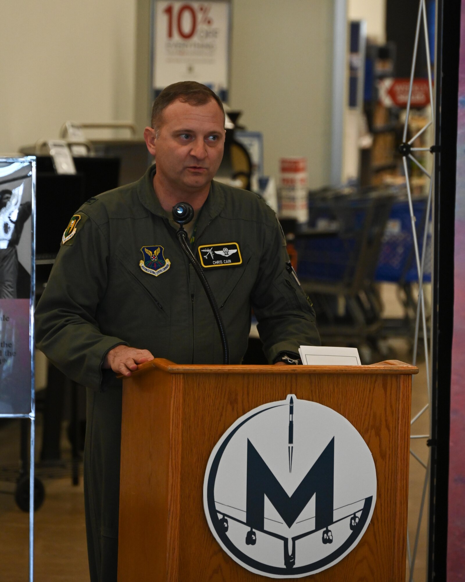 Col. Chris Cain, 5th Bomb Wing vice commander, provides opening remarks at the 2023 Women’s History Month opening ceremony and proclamation signing at Minot Air Force Base, North Dakota, March 6, 2023. “Women are essential to Team Minot and the Air Force,” said Cain. “We are paying attention to these pathmakers, and are very excited to recognize the contributions and sacrifices they make every day.” (U.S. Air Force photo by Senior Airman Caleb S. Kimmell)
