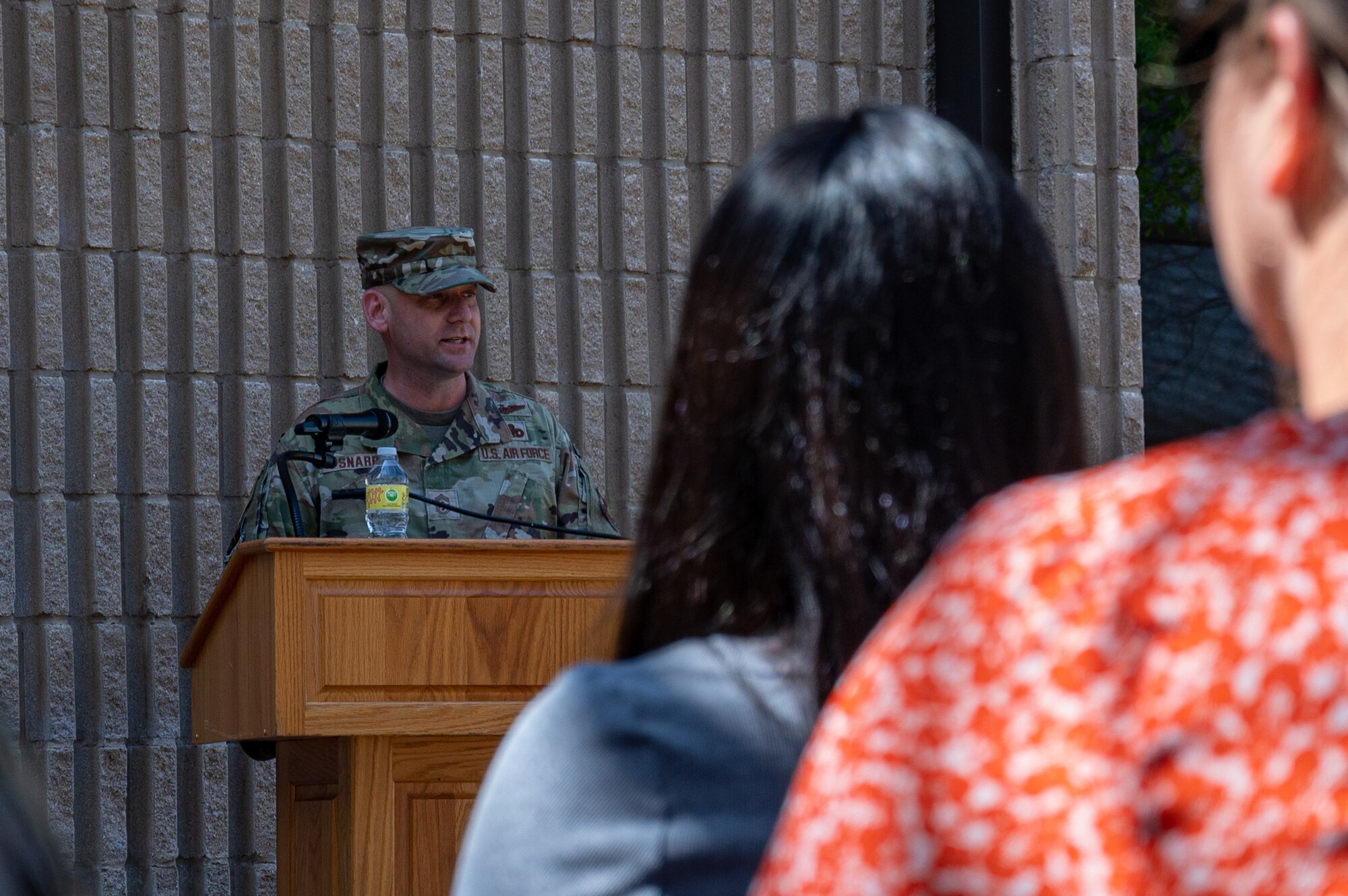 U.S. Air Force Chief Master Sgt. David Snarr, 47th Flying Training Wing command chief, gives a speech to bring in the beginning of new construction at the Ricks Hall dormitory at Laughlin Air Force Base, Texas, on Mar. 6, 2023. The Air Force Civil Engineer Center funded this $35.3 million project. It will contribute to improving the base and give Airmen the ability to perform better by going home to a comfortable living space at the end of their day. (U.S. Air Force photo by Senior Airman David Phaff)