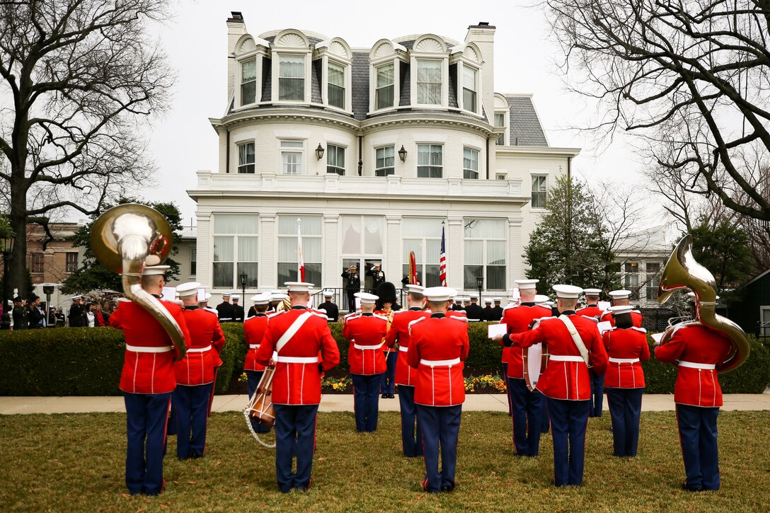 On Feb. 28, 2023, the Marine Band played honors during a ceremony with Commandant of the Marine Corps General David H. Berger welcoming Major General Charlton Sean Gaerlan, Commandant of the Philippine Marine Corps, to the Home of the Commandants at Marine Barracks Washington, D.C. (U.S. Marine Corps photos by Gunnery Sgt. Brian Rust/released)