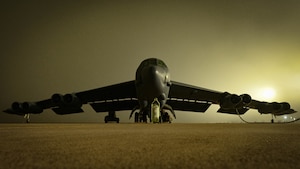 A B-52H Stratofortress assigned to the 23rd Expeditionary Bomb Squadron prepares for take-off at Morón Air Base, Spain, March 6, 2023.