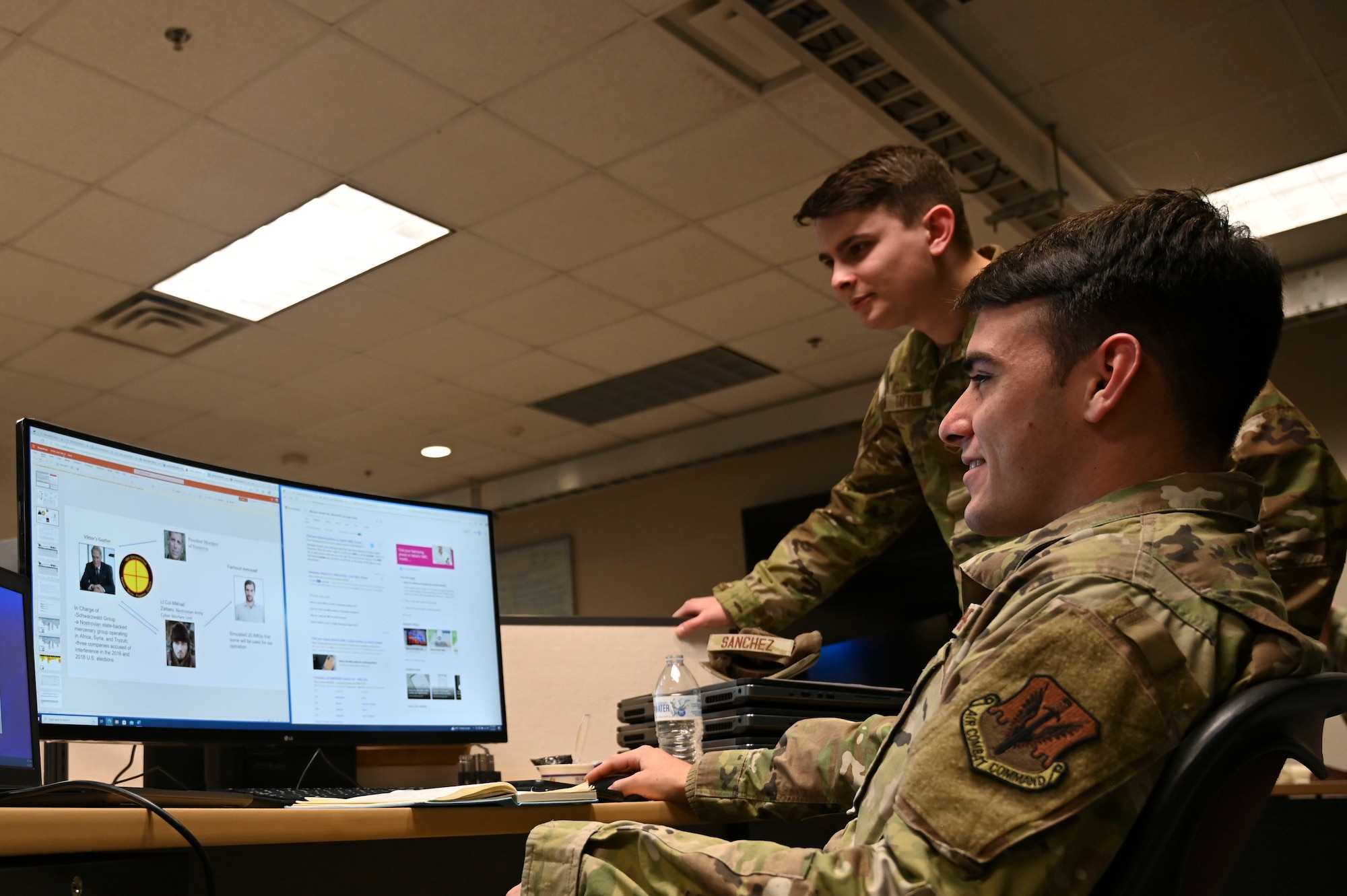 Airmen assigned to the 175th Cyberspace Operations squadron work through a scenario on the cyber operations floor at Martin State Air National Guard Base, Middle River, Maryland, March 4, 2023.