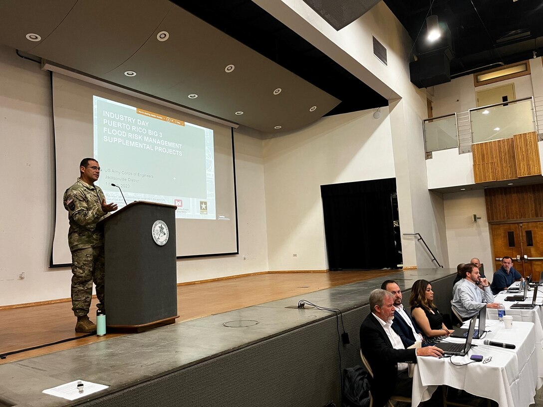 Maj. Jesús Soto, Deputy District Engineer, U.S. Army Corps of Engineers, Jacksonville District provides opening remarks at the Puerto Rico Big 3 Industry Day. The event focused on discussing Río Puerto Nuevo Flood Control Project, Supplemental Contract 3 and provided updates for the Supplemental Puerto Rico Civil Work Construction projects. (USACE photo by Jennifer Garcia)