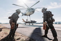 U.S. Marines with Combat Logistics Battalion (CLB) 24, Combat Logistics Regiment 2, 2nd Marine Logistics Group, prepare an F-35C Lightning II airframe for Helicopter Support Team operations at Naval Air Station Patuxent River, Md., Dec. 13, 2022. CLB-24 helicopter support team Marines conducted external lift operations of the carrier variant to develop tactics, techniques, and procedures of CH-53K King Stallion. (U.S. Marine Corps photo by Cpl. Meshaq Hylton)