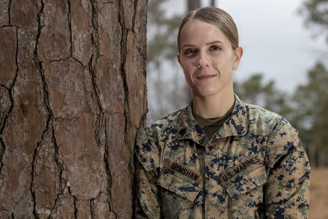 U.S. Marine Corps Sgt. Danielle Grimshaw, an intelligence specialist with 8th Engineer Support Battalion, Combat Logistics Regiment 27, 2nd Marine Logistics Group (MLG), poses for a photo on Camp Lejeune, North Carolina, Jan. 25, 2023. Grimshaw won the 2nd MLG noncommissioned officer of the Year for her work ethic and determination in the workplace. (U.S. Marine Corps photo by Lance Cpl. Jessica J. Mazzamuto)
