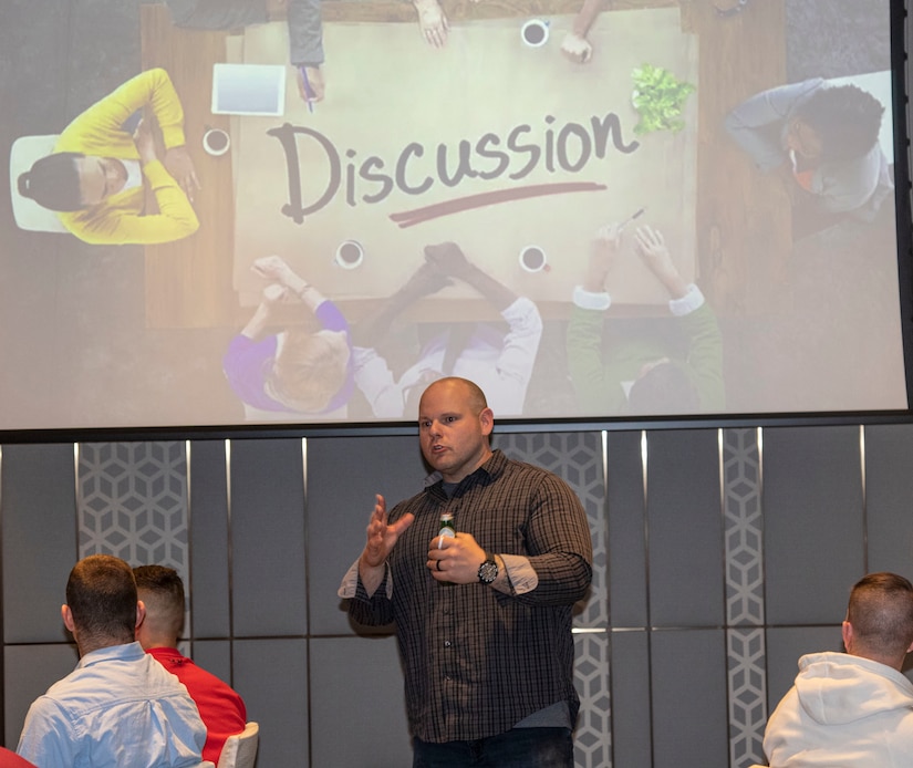 (Center) Sgt. 1st Class Philip Grant, senior religious affairs noncommissioned officer for the 28th Infantry Division, discusses to the attendees during a Building Strong & Ready Teams seminar at the Grand Hyatt Kuwait. BSRT is an initiative that improves the spiritual preparedness of all Soldiers, regardless of rank, and their families. (U.S. Army photo by Sgt. Gabriel Washington)