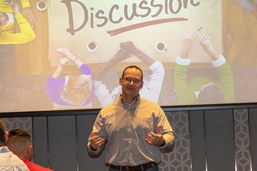 Chaplain (Lt. Col.) Ryan Kraus, division chaplain for the 28th Infantry Division, leads a discussion during Building Strong & Ready Teams seminar held at Grand Hyatt Kuwait. BSRT is an initiative that improves the spiritual preparedness of all Soldiers, regardless of rank, and their families. (U.S. Army photo by Sgt. Gabriel Washington)
