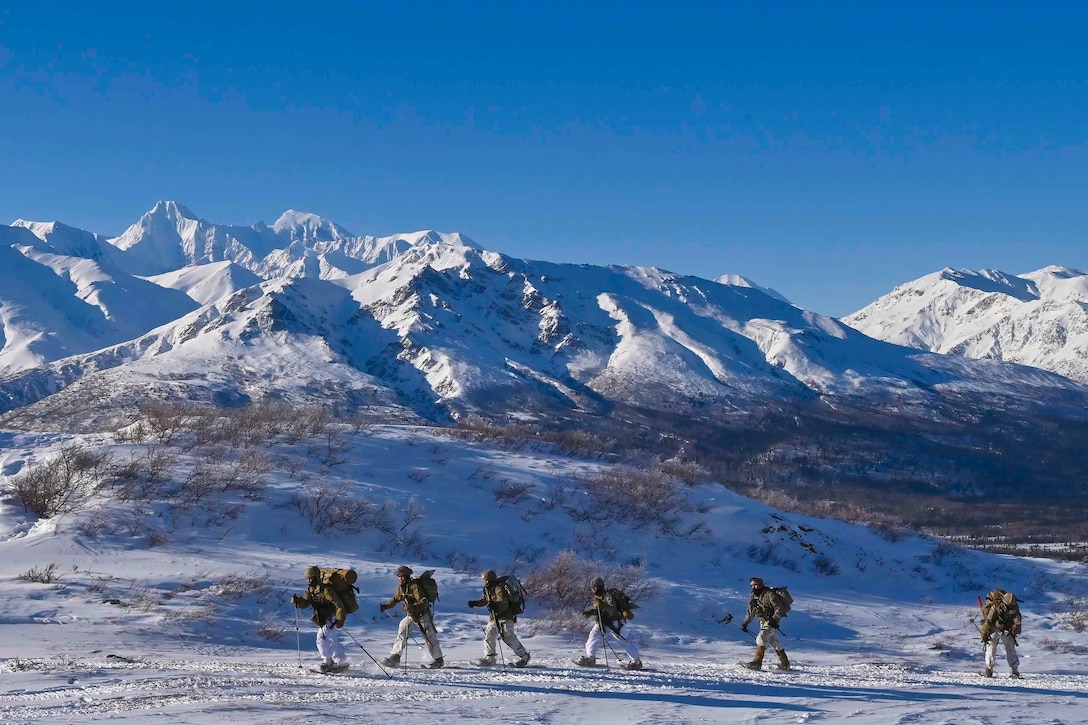 Soldiers hike through snow; a snowy mountaintop can be seen in the background.