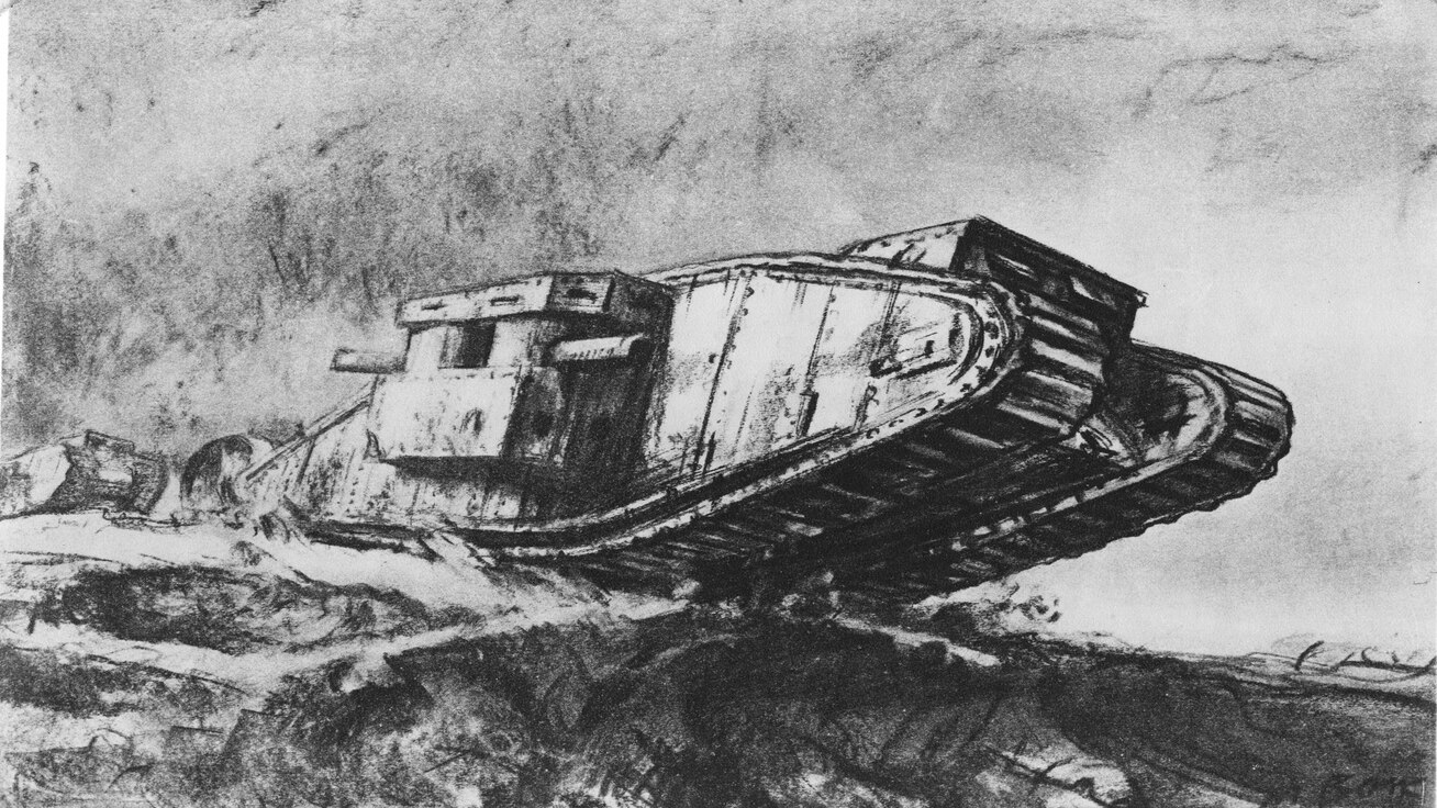 Artistic drawing of a Mark VIII Tank in the fields.