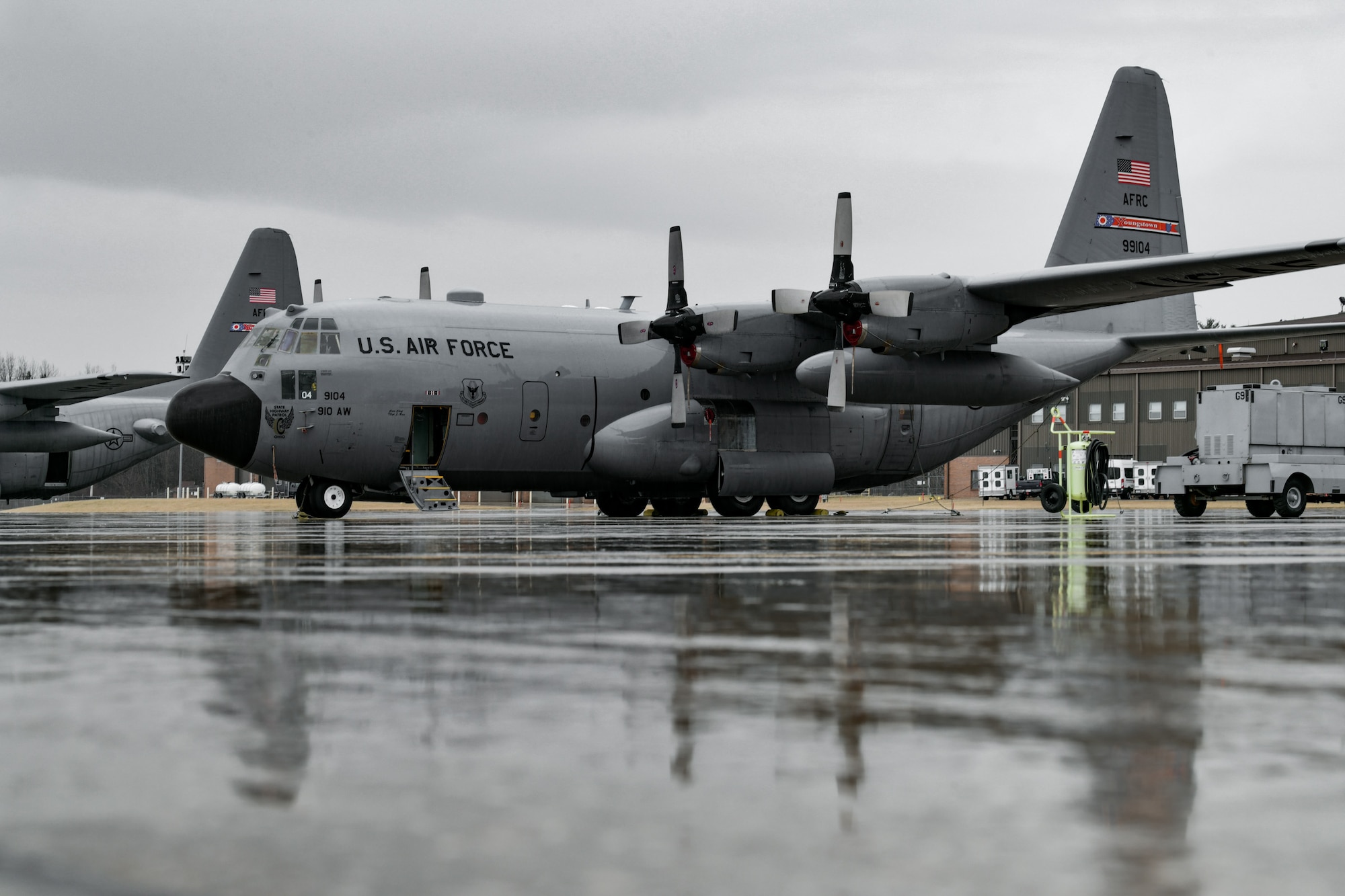 A C-130H Hercules aircraft sits on the flight line on Feb. 16, 2023, at Youngstown Air Reserve Station, Ohio.