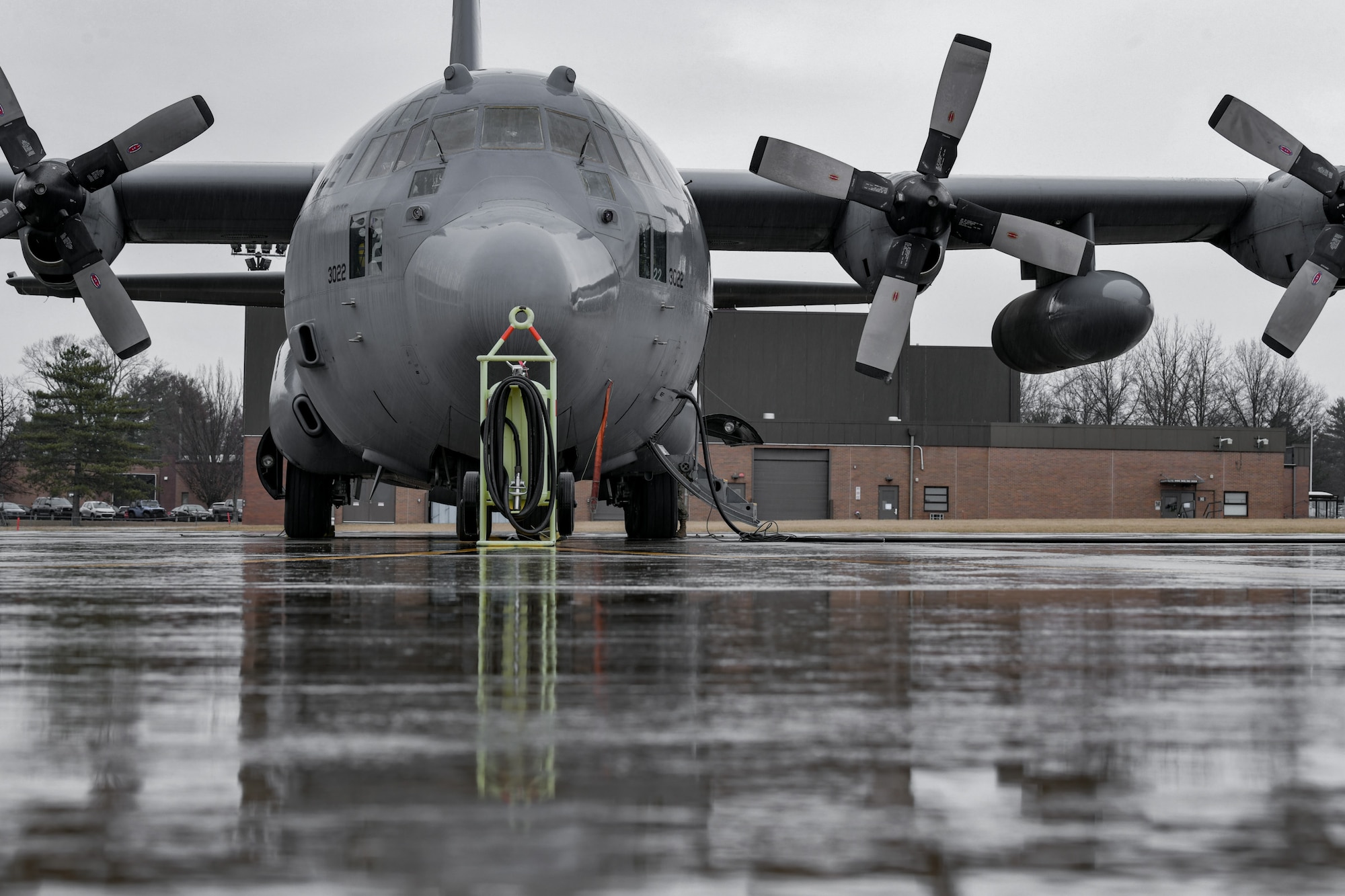 A C-130H Hercules aircraft sits on the flight line on Feb. 16, 2023, at Youngstown Air Reserve Station, Ohio.