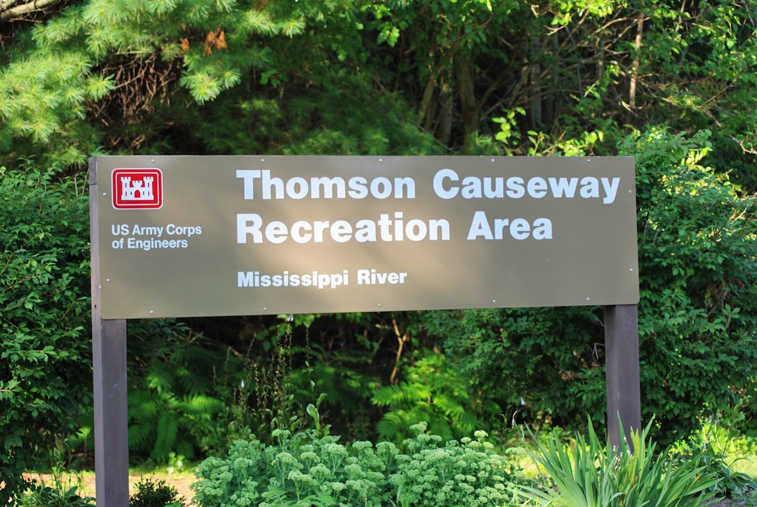 Entrance sign at the Thomson Causeway Recreation Area near Thomson, Illinois, on the Mississippi River.