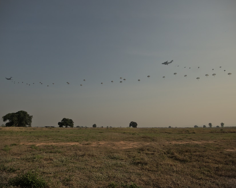 U.S. Army Soldiers with the 82nd Airborne Division and Royal Thai Army Soldiers commence an airborne drop during Exercise Cobra Gold 2023, near Thanarat Drop Zone, Kingdom of Thailand, March 2, 2023.