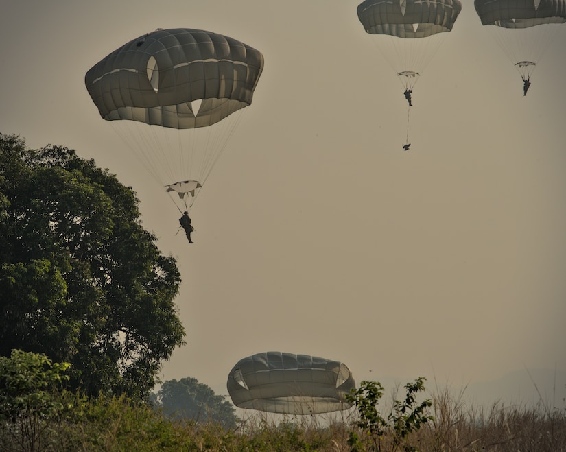 U.S. Army Soldiers with the 82nd Airborne Division and Royal Thai Army Soldiers commence an airborne drop during Exercise Cobra Gold 2023, near Thanarat Drop Zone, Kingdom of Thailand, March 2, 2023.