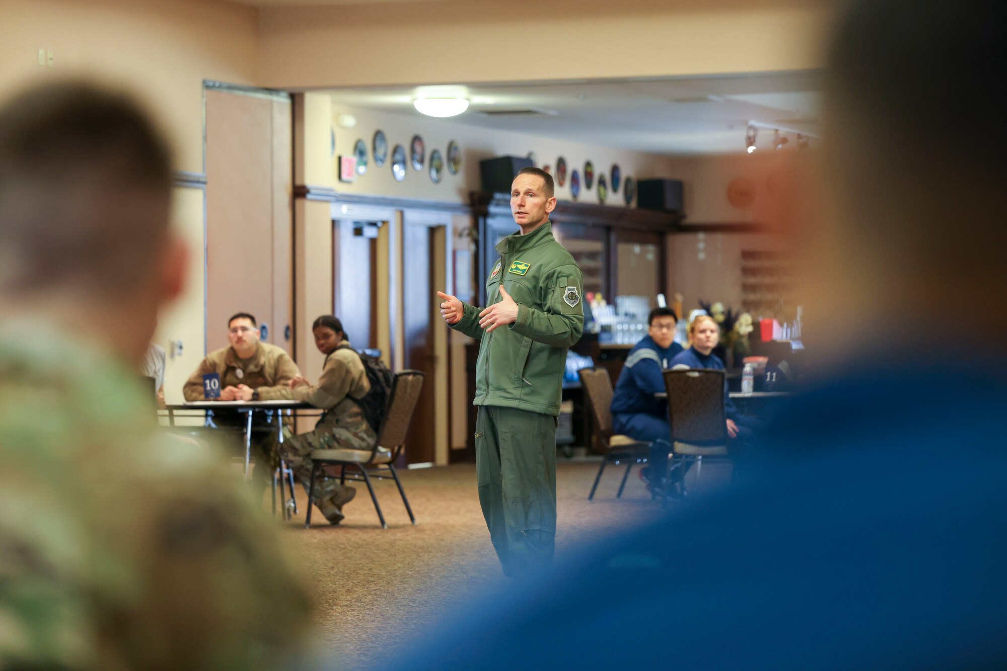 U.S. Air Force Col. Geoffrey Church, 9th Reconnaissance Wing commander, delivers opening remarks during the Beale Social on Feb. 27, 2023, at Beale Air Force Base, Calif.