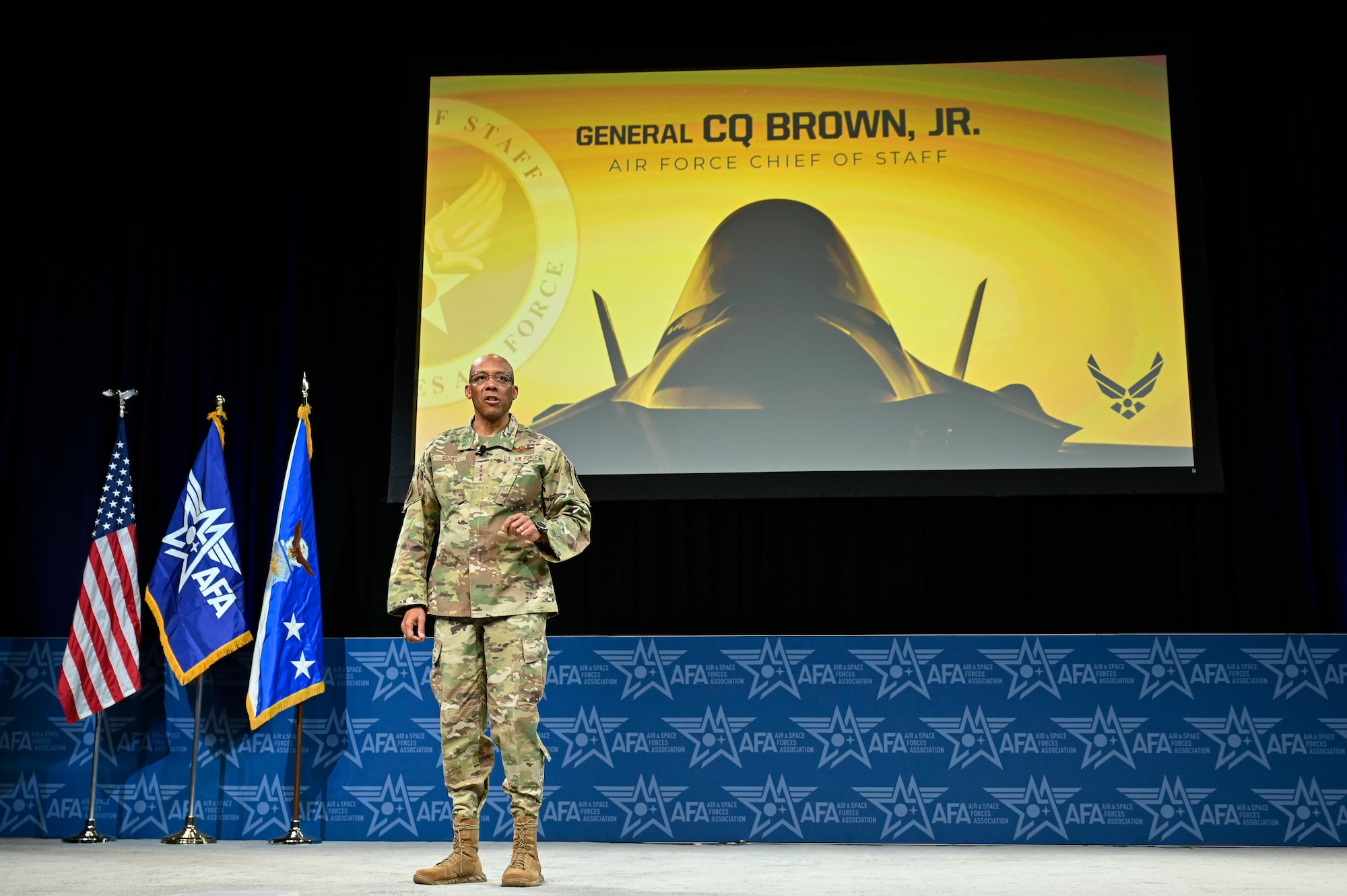 Air Force Chief of Staff Gen. CQ Brown, Jr. delivers a keynote speech “Airmen in the Fight” during the Air and Space Forces Association 2023 Warfare Symposium in Aurora, Colo., March 7, 2023. (U.S. Air Force photo by Eric Dietrich)