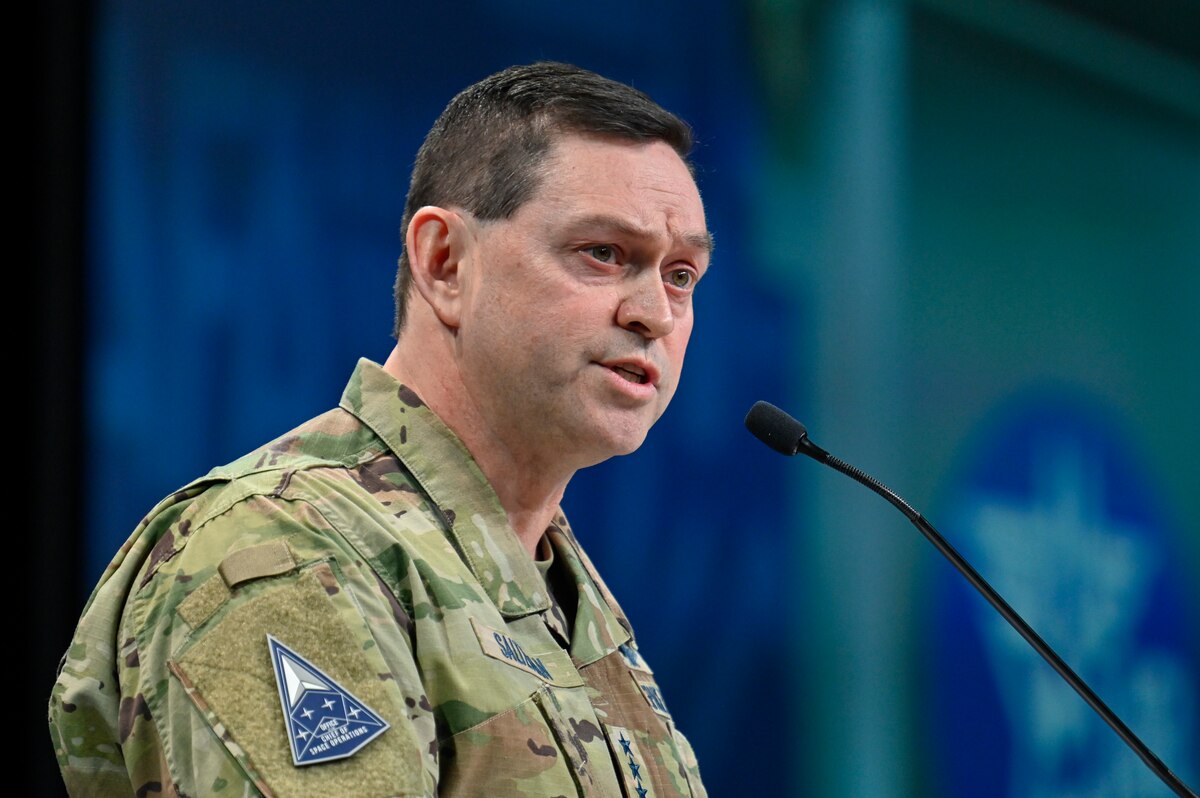 Chief of Space Operations Gen. Chance Saltzman delivers a keynote speech “Guardians in the Fight” during the Air and Space Forces Association 2023 Warfare Symposium in Aurora, Colo., March 7, 2023. (U.S. Air Force photo by Eric Dietrich)