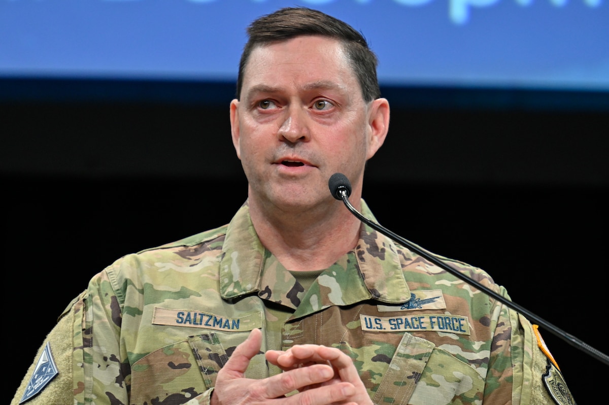 Chief of Space Operations Gen. Chance Saltzman delivers a keynote speech “Guardians in the Fight” during the Air and Space Forces Association 2023 Warfare Symposium in Aurora, Colo., March 7, 2023. (U.S. Air Force photo by Eric Dietrich)