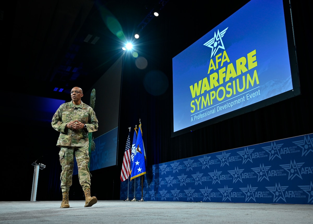 Air Force Chief of Staff Gen. CQ Brown, Jr. delivers his keynote speech “Airmen in the Fight” during the Air and Space Forces Association 2023 Warfare Symposium in Aurora, Colo., March 7, 2023. Brown emphasized that the service must adapt and reform to ensure that its distinctive history is maintained. (U.S. Air Force photo by Eric Dietrich)