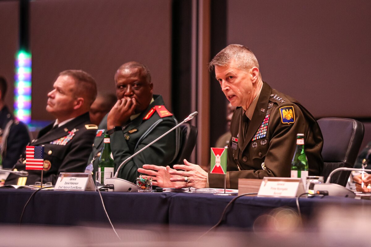U.S. Army Gen. Daniel Hokanson, chief of the National Guard Bureau, addresses military leaders during a discussion on the State Partnership Program, a Department of Defense security cooperation program managed by the National Guard Bureau, executed by geographic commands, and sourced by the 54 U.S. states, territories, and the District of Columbia. African chiefs of defense and senior military leaders from 43 countries met in Rome for the annual African Chiefs of Defense Conference Feb. 27 to March 2, 2023.