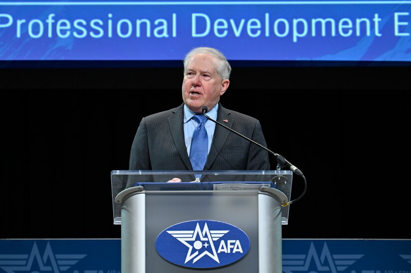 Secretary of the Air Force Frank Kendall delivers a keynote speech “One Team, One Fight” during the Air and Space Forces Association 2023 Warfare Symposium in Aurora, Colo., March 7, 2023. (U.S. Air Force photo by Eric Dietrich)
