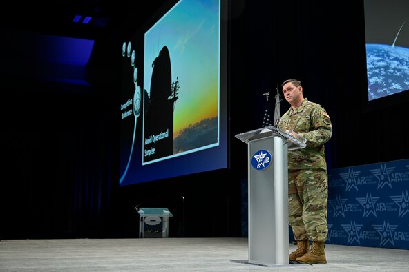 Chief of Space Operations Gen. Chance Saltzman delivers a keynote speech “Guardians in the Fight” during the Air and Space Forces Association 2023 Warfare Symposium in Aurora, Colo., March 7, 2023. (U.S. Air Force photo by Eric Dietrich)