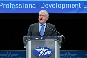 The audience listens to Secretary of the Air Force Frank Kendall deliver a keynote speech “One Team, One Fight” during the Air and Space Forces Association 2023 Warfare Symposium in Aurora, Colo., March 7, 2023. (U.S. Air Force photo by Eric Dietrich)