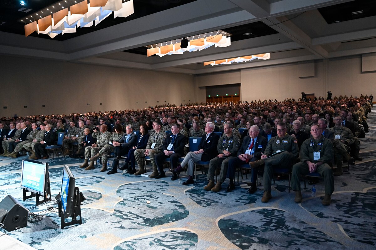 The audience listens to Secretary of the Air Force Frank Kendall deliver a keynote speech “One Team, One Fight” during the Air and Space Forces Association 2023 Warfare Symposium in Aurora, Colo., March 7, 2023. (U.S. Air Force photo by Eric Dietrich)