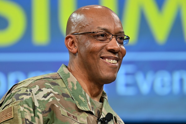 Air Force Chief of Staff Gen. CQ Brown, Jr. delivers his keynote speech “Airmen in the Fight” during the Air and Space Forces Association 2023 Warfare Symposium in Aurora, Colo., March 7, 2023. Brown emphasized that the service must adapt and reform to ensure that its distinctive history is maintained. (U.S. Air Force photo by Eric Dietrich)