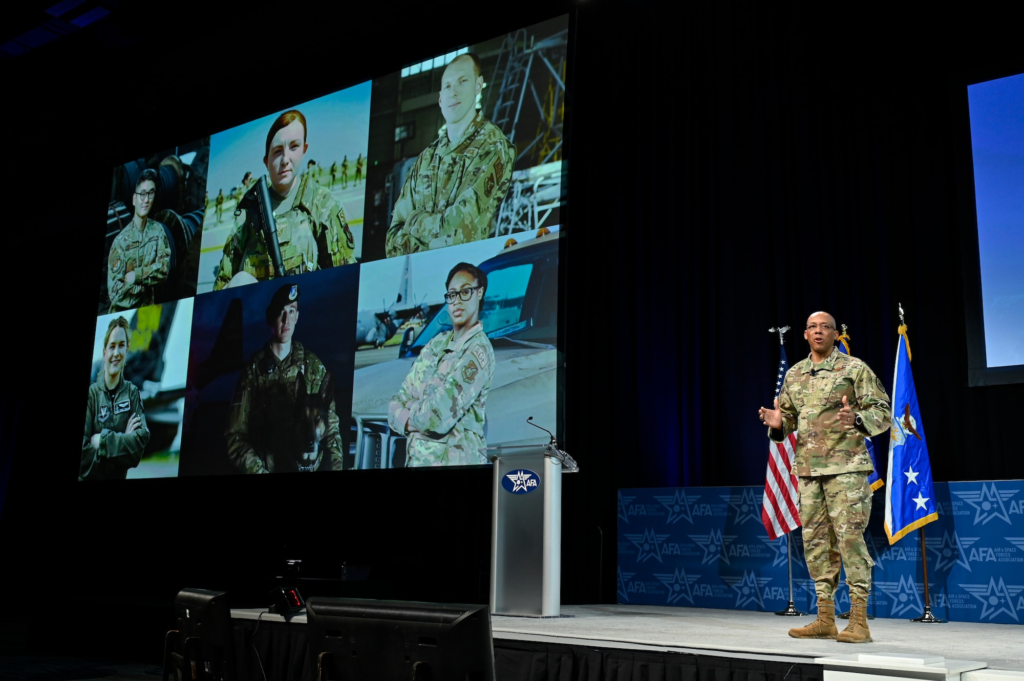 Air Force Chief of Staff Gen. CQ Brown, Jr. delivers his keynote speech “Airmen in the Fight” during the Air and Space Forces Association 2023 Warfare Symposium in Aurora, Colo., March 7, 2023. Brown emphasized that the service must adapt and reform to ensure that its distinctive history is maintained. (U.S. Air Force photo by Eric Dietrich)