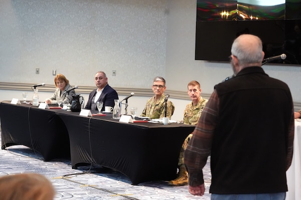 From left, Acting Assistant Secretary of Defense Health Agency, Ms. Seileen Mullen, Under Secretary of Defense for Personnel and Readiness, Hon. Gilbert R. Cisneros, U.S. Army Maj. Gen. Joseph Heck, the director of Department for Health Affairs Region Indo-Pacific to Japan, and Maj. Gen. JB Vowell, U.S. Army Japan Commanding General, receives a question from a Department of Defense civilian, during a ‘space available’ town hall, January 31, 2023. The town hall was held in response to DoD civilians being restricted to ‘space available’ clinic visits after a mandate released in 2017 prioritized active-duty Servicemembers and their families, or those who were covered by the military health plan TRICARE Prime.