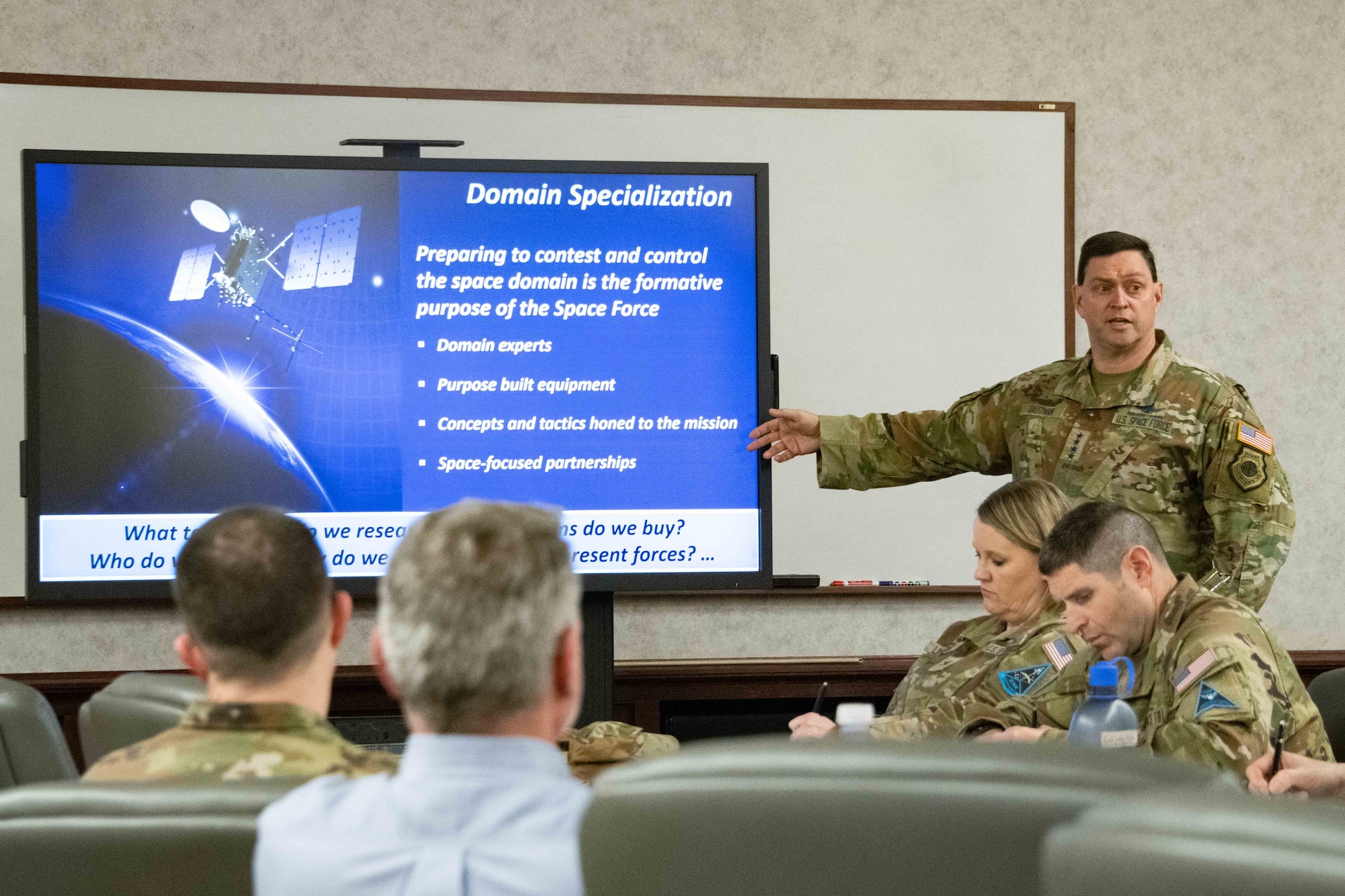 U.S. Space Force Gen. B. Chance Saltzman, Chief of Space Operations, discusses a “Theory of Success” with Air University faculty at Maxwell Air Force Base, Feb. 27, 2023. Saltzman discussed the concept of competitive endurance and what space superiority means given the unique attributes of the space domain.