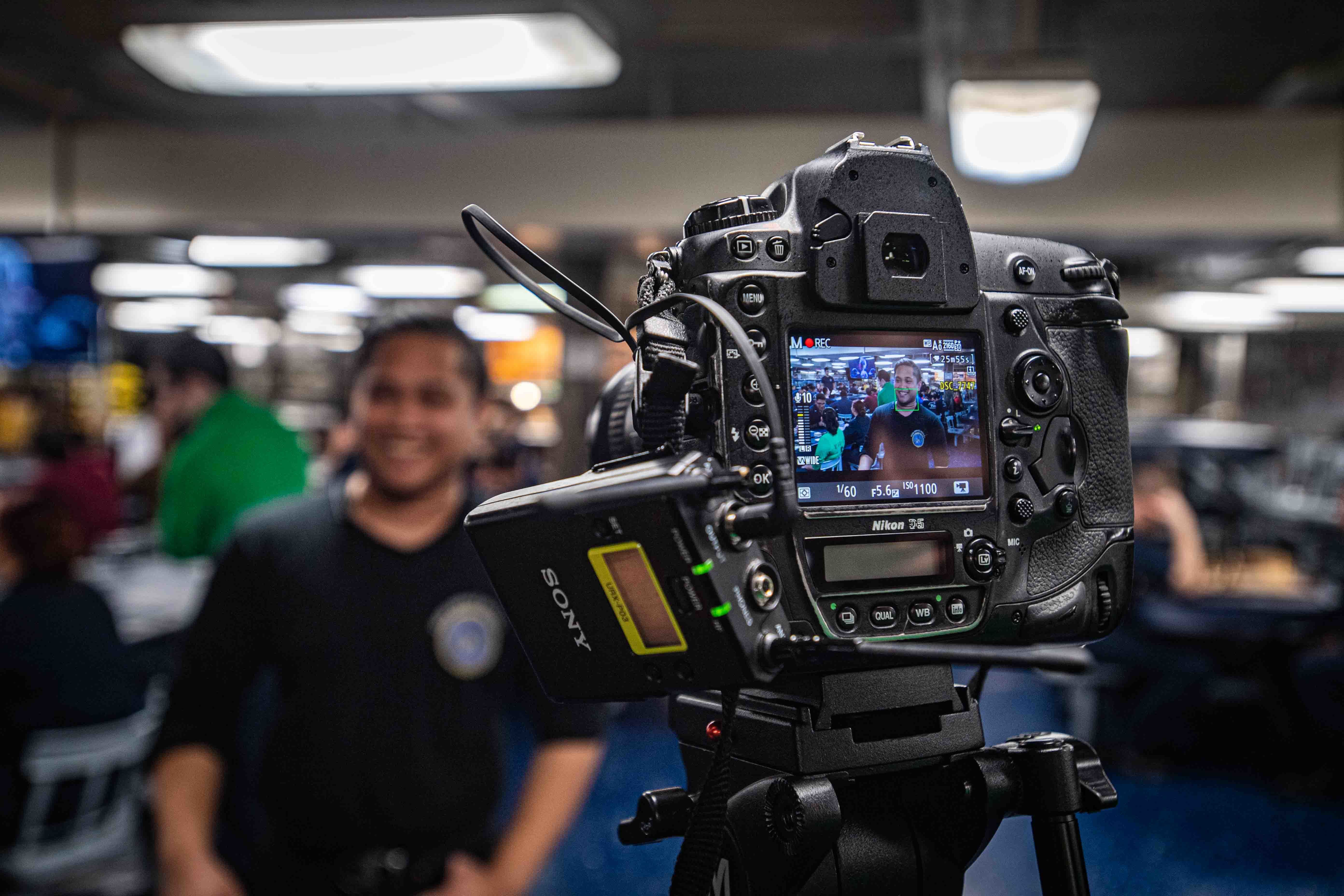 U.S. Navy Culinary Specialist Seaman Nathaniel Casa, from Dallas, participates in an on-camera interview aboard the aircraft carrier USS Nimitz (CVN 68).