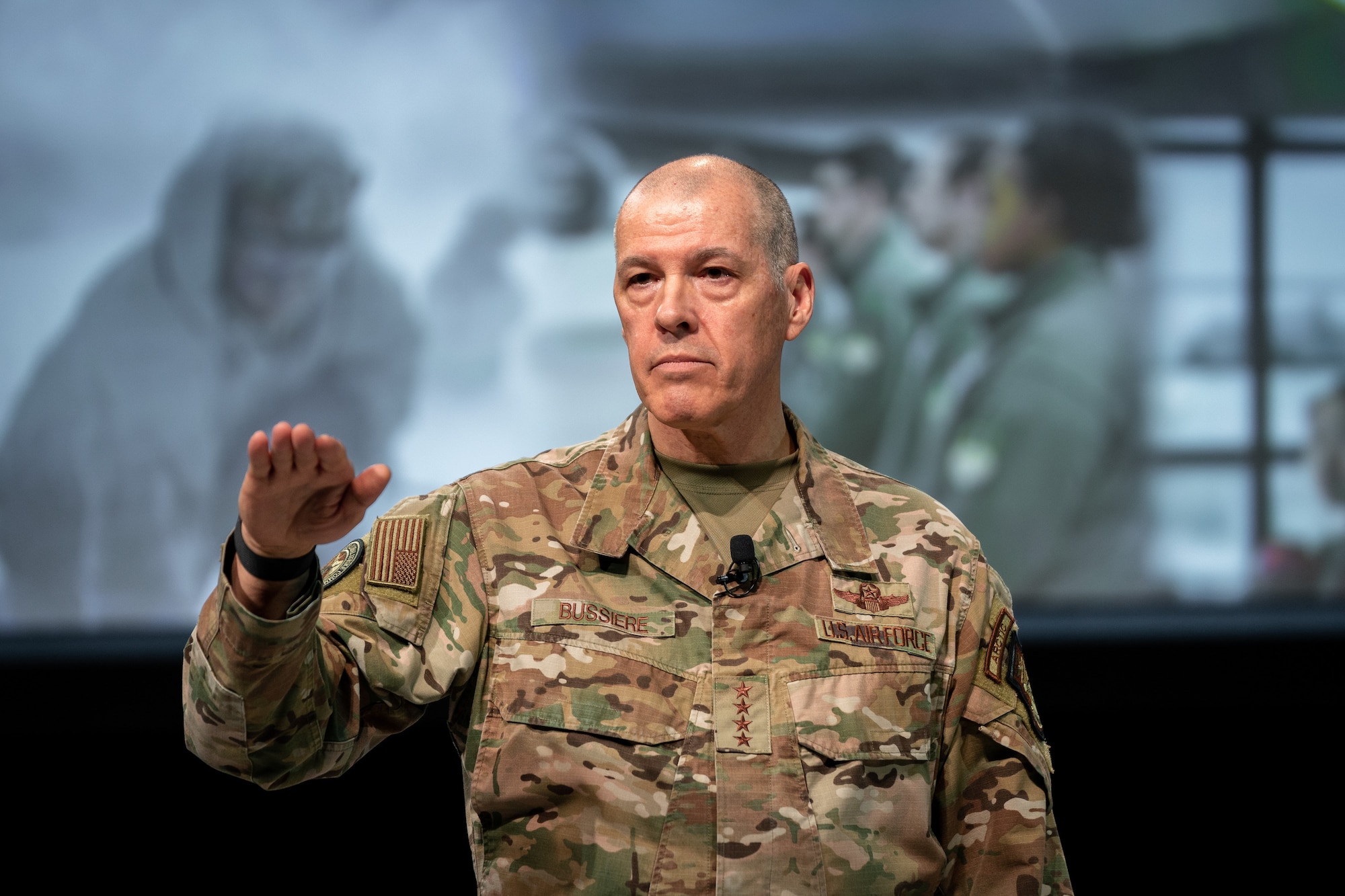 Air Force Global Strike Commander Gen. Thomas A. Bussiere speaks on the Air Force Global Strike Command Mission at the Air Force Association Warfare Symposium March 6, 2023.