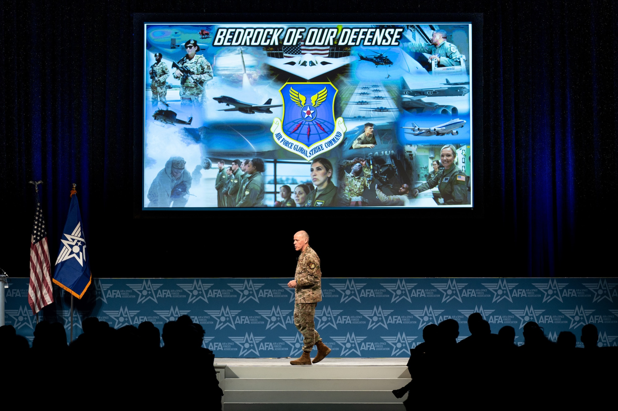 Air Force Global Strike Commander Gen. Thomas A. Bussiere speaks on the Air Force Global Strike Command Mission at the Air Force Association Warfare Symposium March 6, 2023.