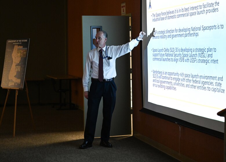 Tom Stevens, Space Launch Delta 30 executive director, provides a Lunch and Learn topic presentation entitled Spaceport of the Future Overview at Vandenberg Space Force Base, Calif., March 7, 2023. The presentation included historical background, space launch vehicles and launch forecasts, spaceport vision and strategy, future assets and infrastructure projects, graphics and mapping of key assets. (U.S. Space Force photo by Senior Airman Tiarra Sibley)