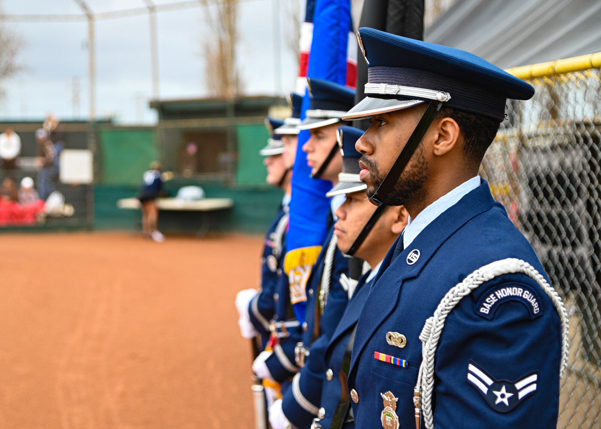 Members of the Space Launch Delta 30 Honor Guard standby prior to presenting the colors at the Lompoc Little League Opening Day in Lompoc, Calif., March 4, 2023. The base Honor Guard's vision is to ensure a legacy of Airmen and Guardians who promote the mission, protect the standards, perfect the image, and preserve the heritage of the Air and Space Force. (U.S. Space Force photo by Airman 1st Class Ryan Quijas)
