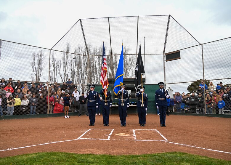 The Space Launch Delta 30 Honor Guard presents the colors during the playing of the National Anthem in Lompoc, Calif., March 4, 2023. The base Honor Guard's vision of the is to ensure a legacy of Airmen and Guardians who promote the mission, protect the standards, perfect the image, and preserve the heritage of the Air and Space Force. (U.S. Space Force photo by Airman 1st Class Ryan Quijas)