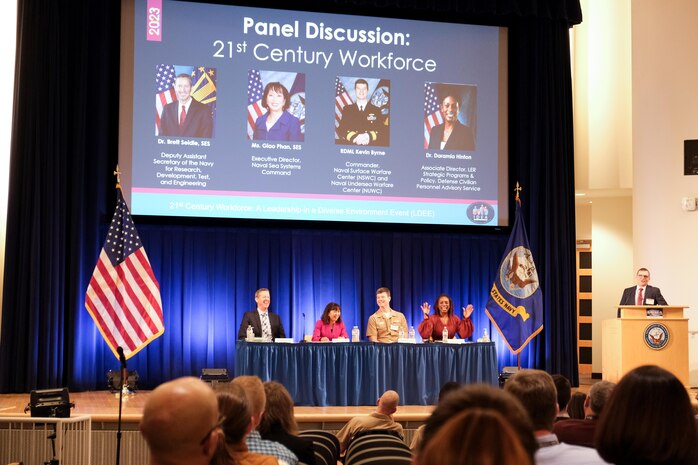 Naval Surface Warfare Center, Carderock Division hosts a 21st Century Workforce: A Leadership in a Diverse Environment Event (LDEE) in West Bethesda, Md., on March 1. Featured at the LDEE were a 21st Century Workforce Panel, consisting of: Dr. Brett Seidle, Deputy Assistant Secretary of the Navy for Research, Development, Test and Engineering; Ms. Giao Phan, Executive Director, Naval Sea Systems Command (NAVSEA); Rear Adm. Kevin Byrne, Commander, NAVSEA Warfare Centers; and Dr. Daramia Hinton, Associate Director for Strategic Programs and Policy for the Defense Civilian Personnel Advisory Service. (U.S. Navy photo by Kristin Behrle)